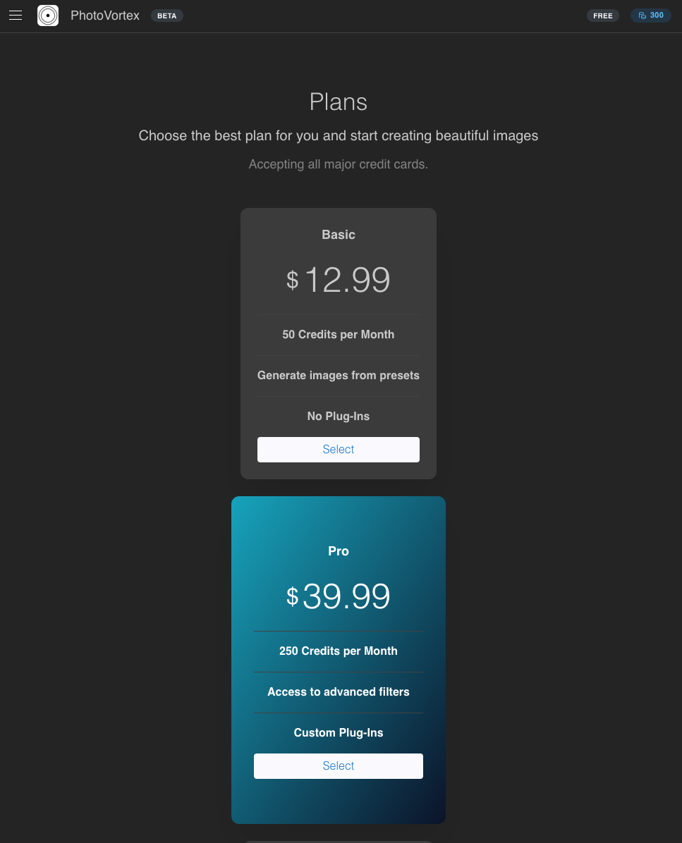 a screenshot of the photovortex.com plans panel as a logged in user to upgrade to the pro package